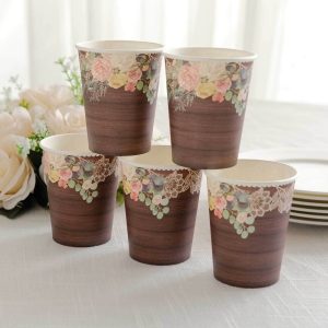 24-Pack Paper Cups 9oz Brown Wood Print with Floral Lace Rim - Rustic Disposable Party Cups for Farmhouse Events & Country Gatherings