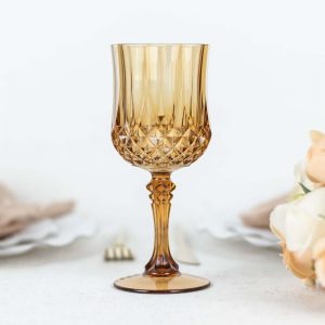 6-Pack Transparent Plastic Crystal Cut Wine Glasses 8oz, Amber Gold - Shatterproof Cocktail Goblets - Pack of 6 Goblets